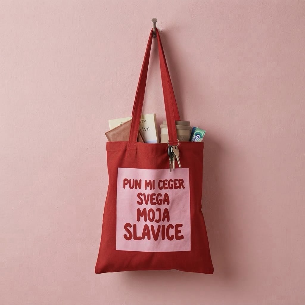 Crveni platneni ceger sa roze poljem i natpisom Pun mi ceger svega moja Slavice